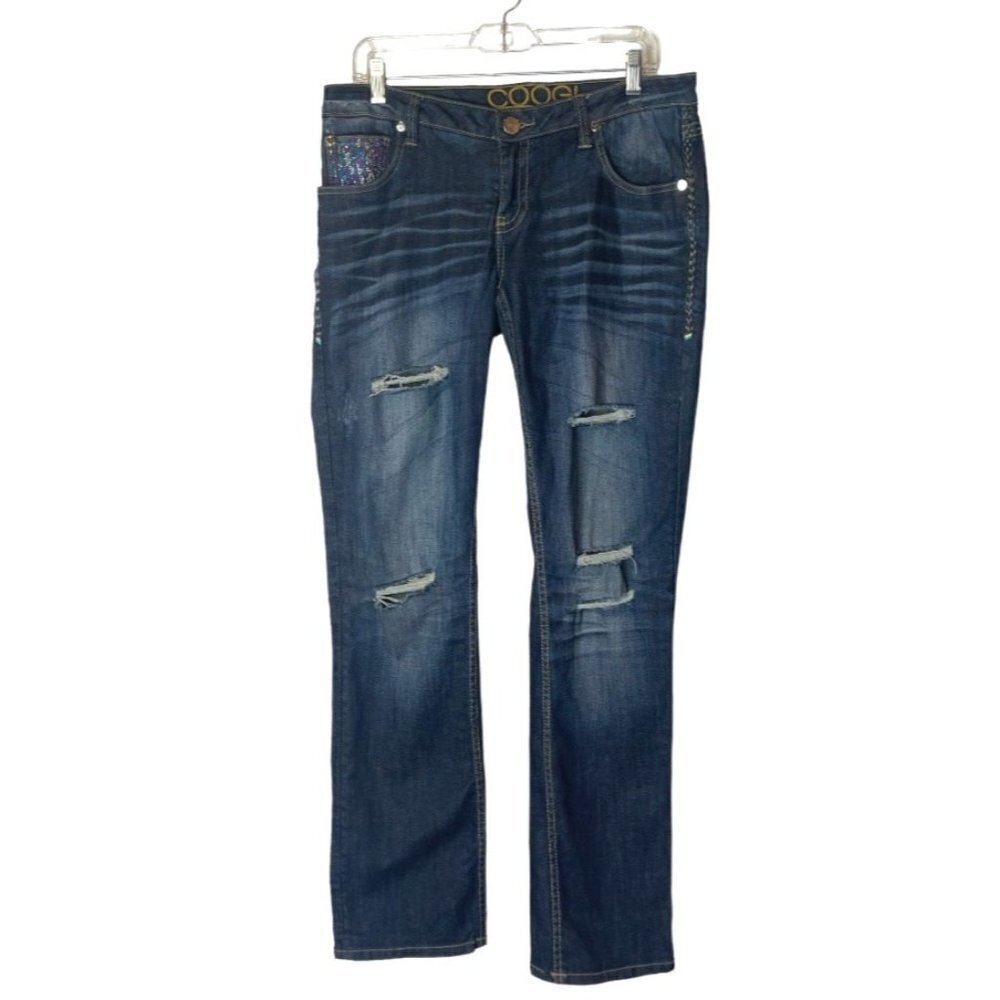 Coogi Jeans Women 12 Blue Medium Wash Distressed Rhinestone Straight Leg Denim